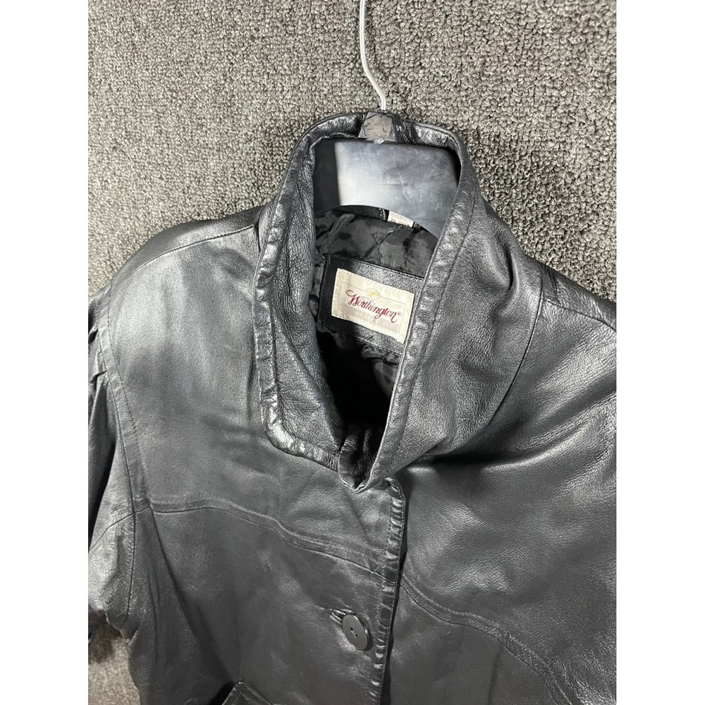 Worthington Petite Black Leather Jacket Women Large PL Mid Length Button Up Coat